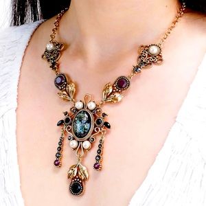 Vintage Abalone, Pearl and Crystal, Vintage Gold Pendant Y Necklace